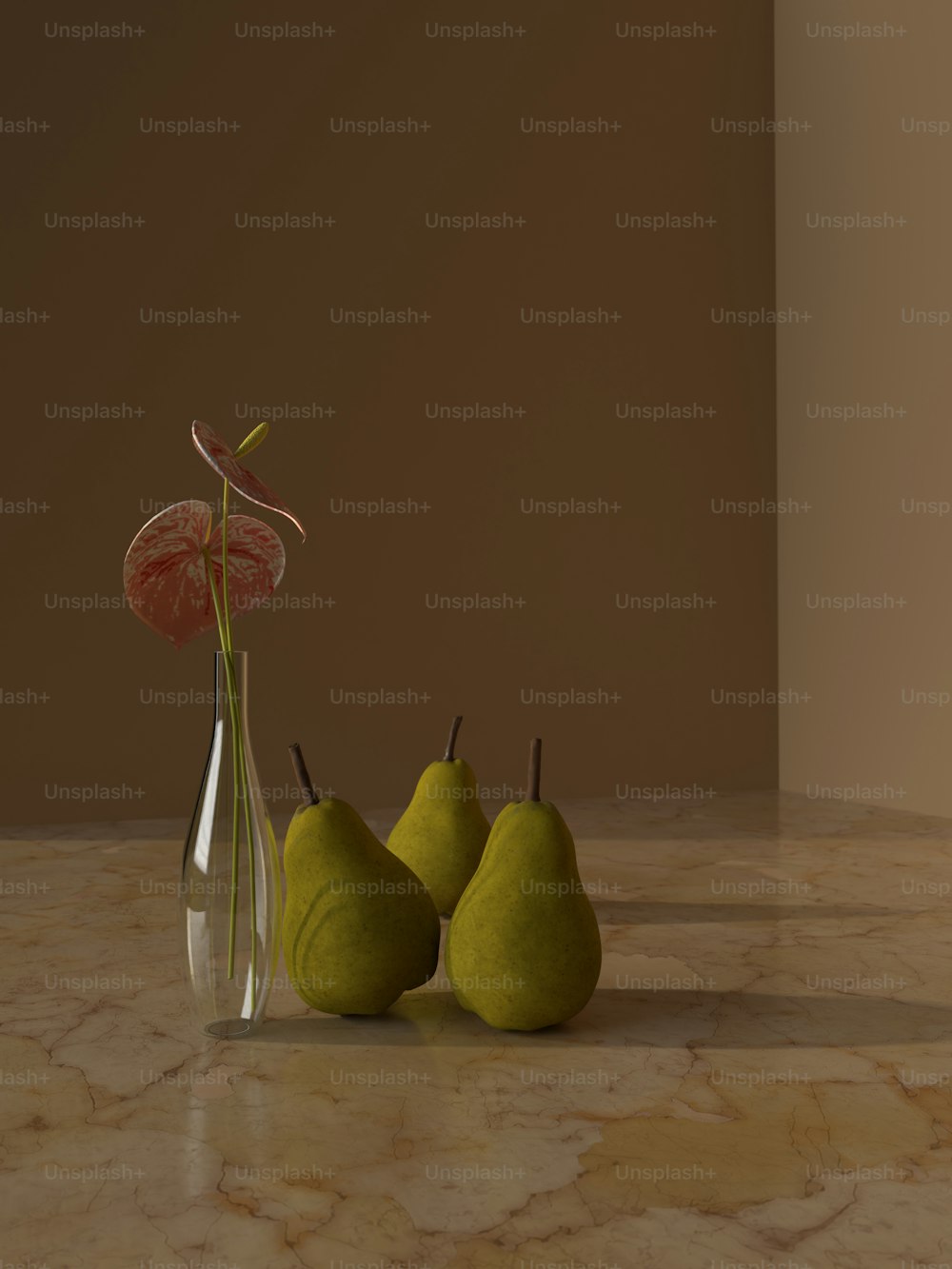 three pears and a flower in a glass vase
