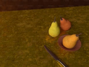three pears and a plate with a knife on a table