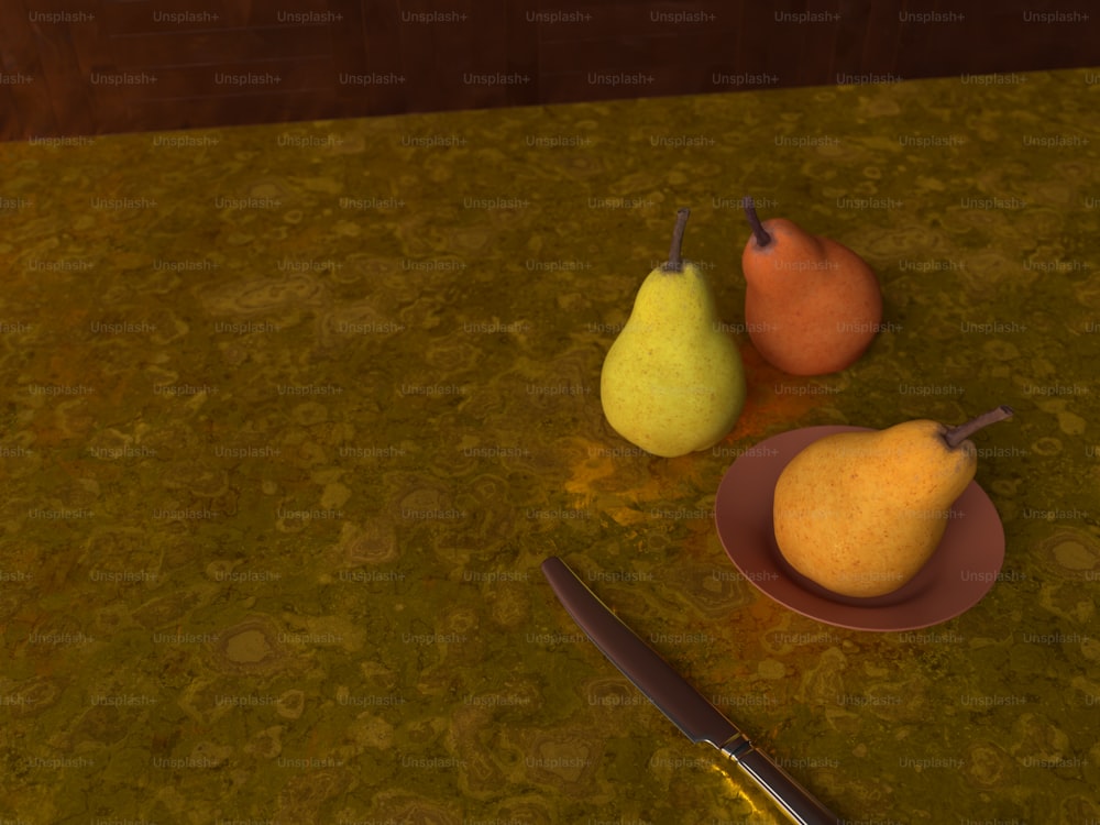 three pears and a plate with a knife on a table