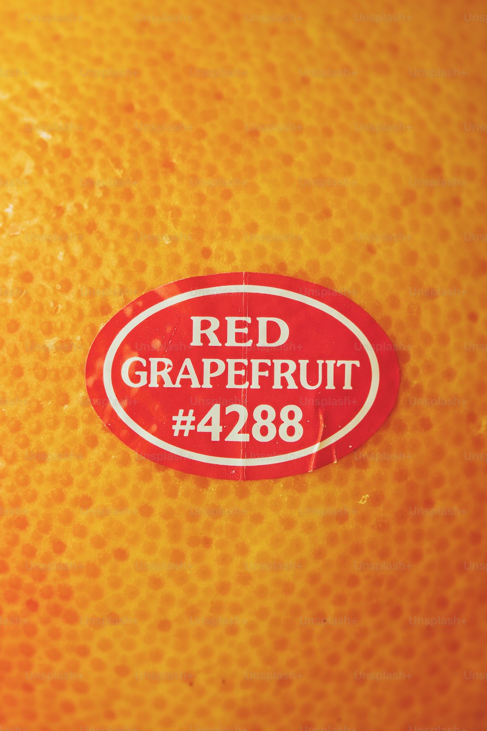 Nahaufnahme eines roten Grapefruit-Etiketts auf einer Orange