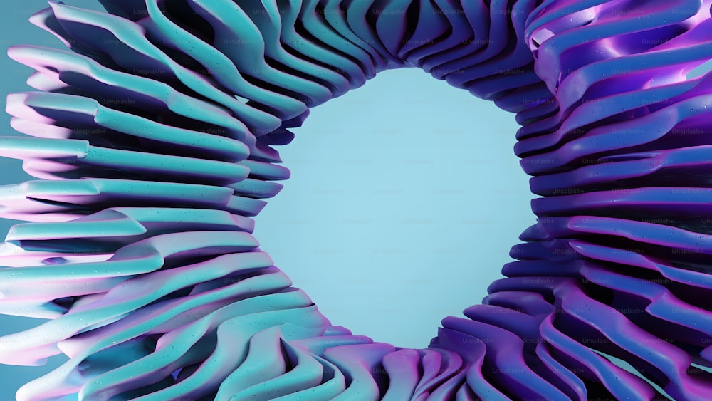 a blue and purple sculpture is shown against a blue background