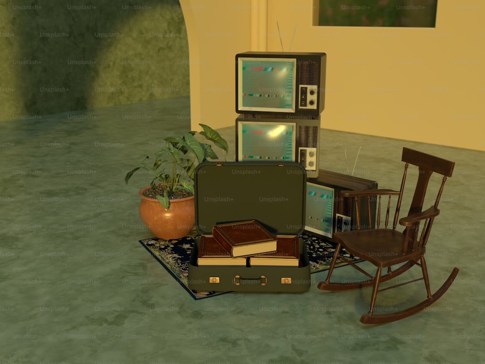 uma sala com uma cadeira de balanço, televisão, livros e uma cadeira