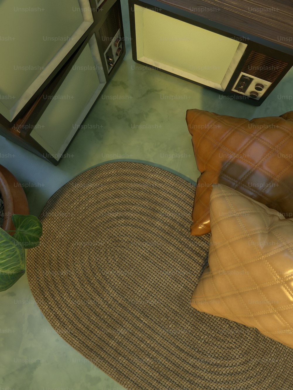 a living room with a round rug and pillows