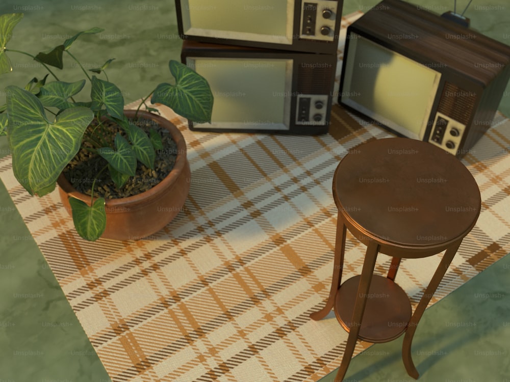 uma mesa com um vaso de planta em cima dela