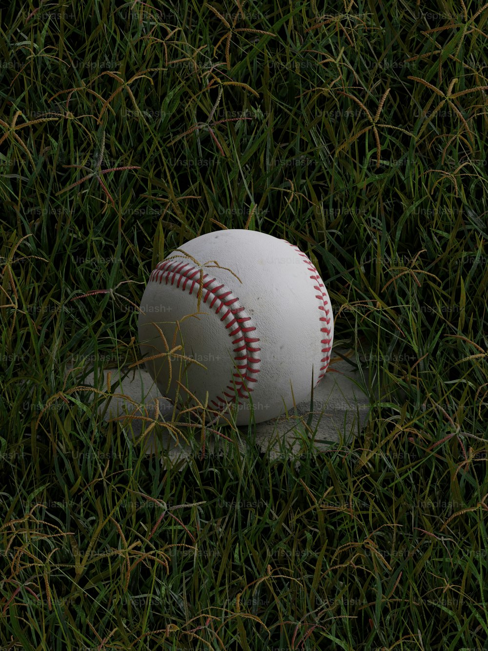 Una palla da baseball che giace sopra una palla da baseball nell'erba