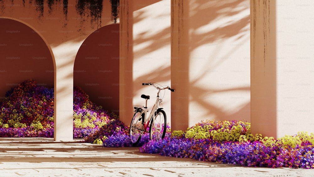 a bike parked next to a wall of flowers