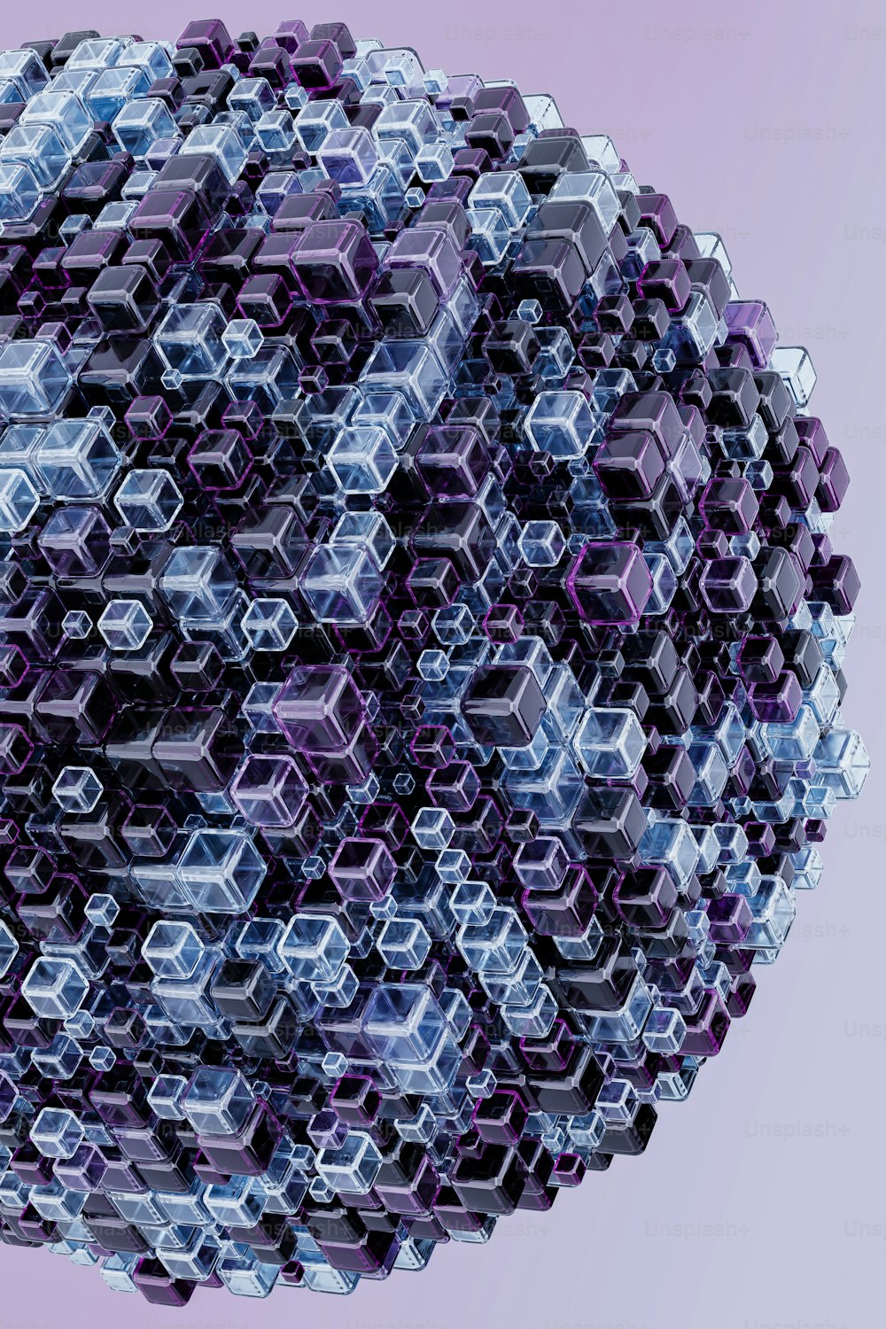 紫色の背景に六角形の立方体で作られた球
