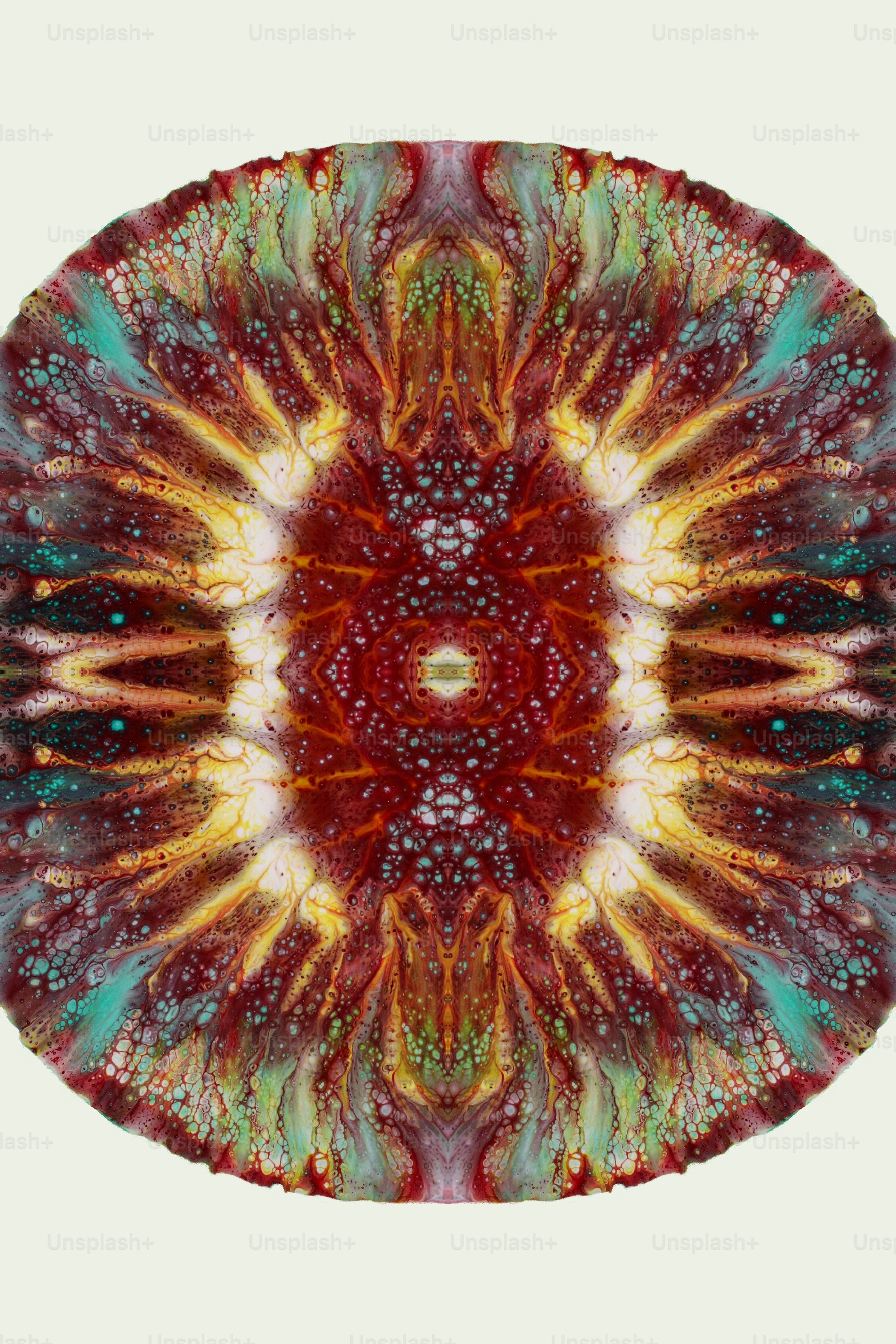 ein abstraktes Bild einer roten, gelben und grünen Blume