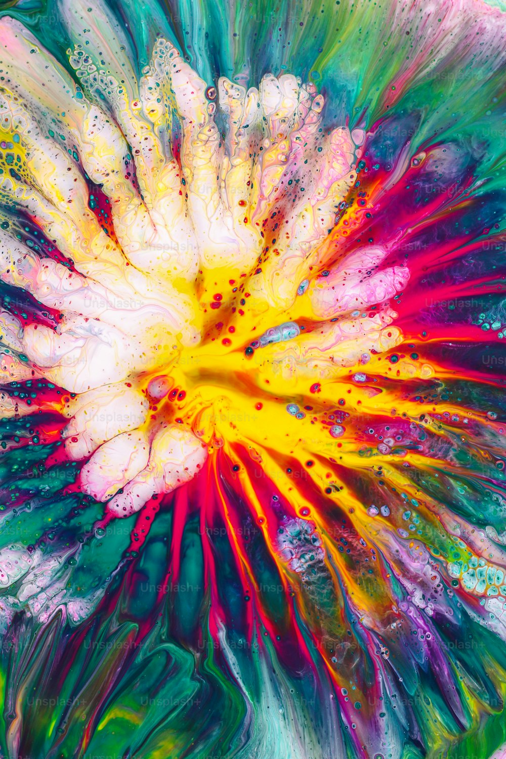 uma flor colorida com muitas gotículas de água sobre ela