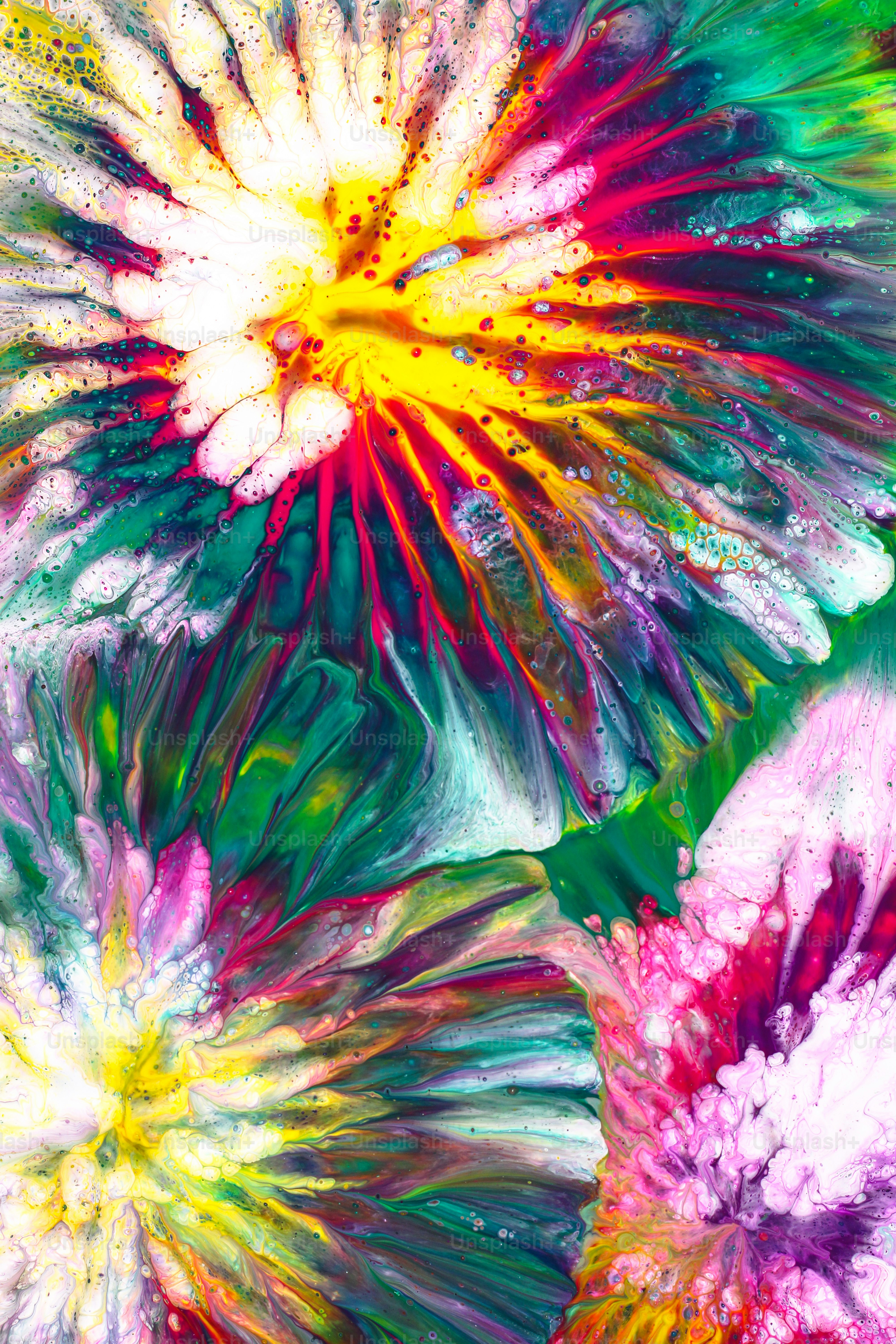 eine Gruppe bunter Blumen mit Wassertröpfchen darauf