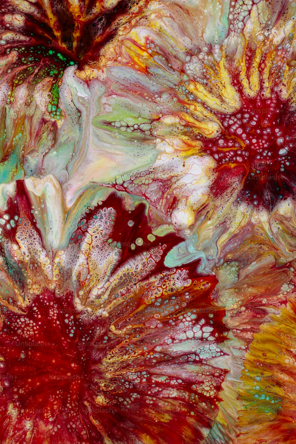 a close up of a painting of flowers