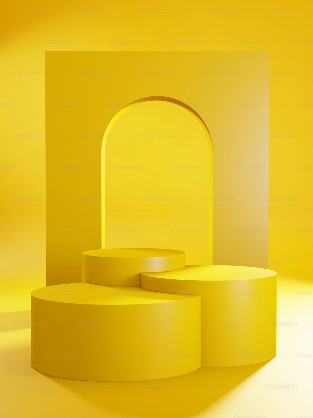 a yellow room with an arch in the center