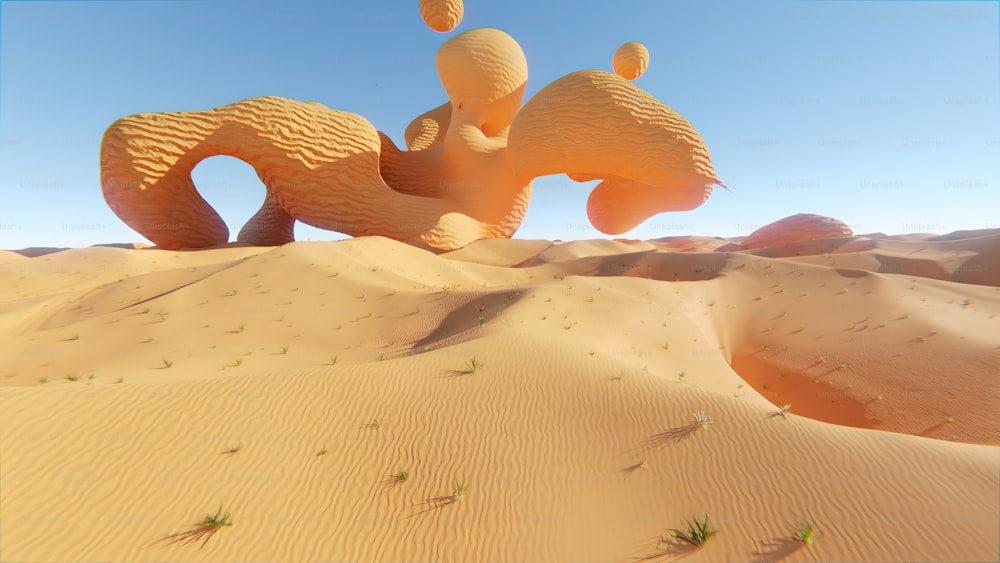 uma cena do deserto com uma grande escultura de um cavalo no meio do deserto