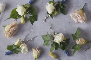 a bunch of flowers that are laying on a table