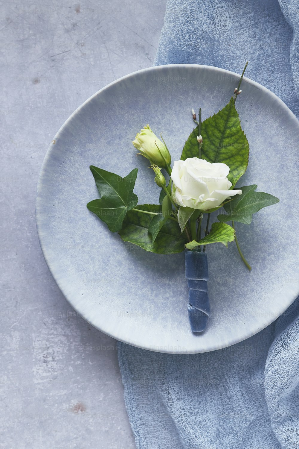 a white rose and green leaves on a plate