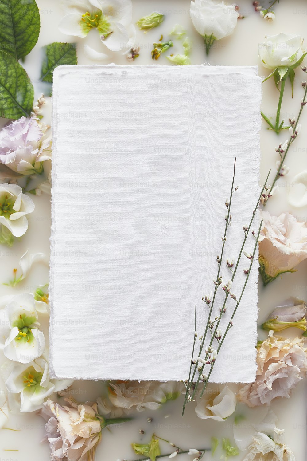une feuille de papier blanche entourée de fleurs