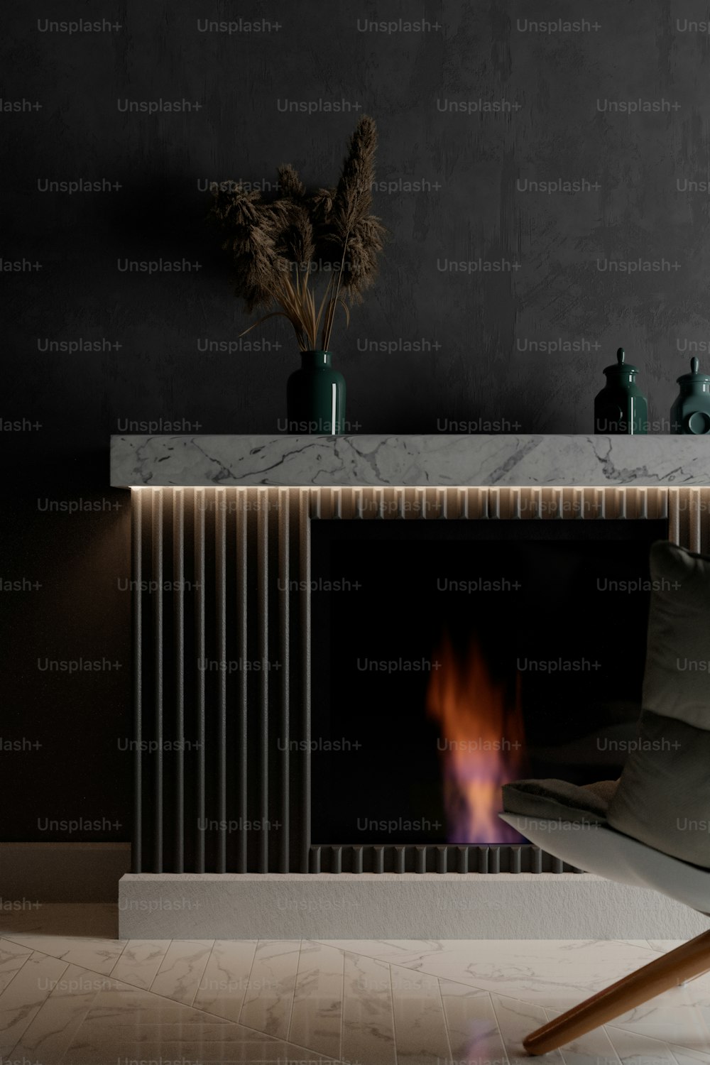 a fireplace with a fire burning inside of it