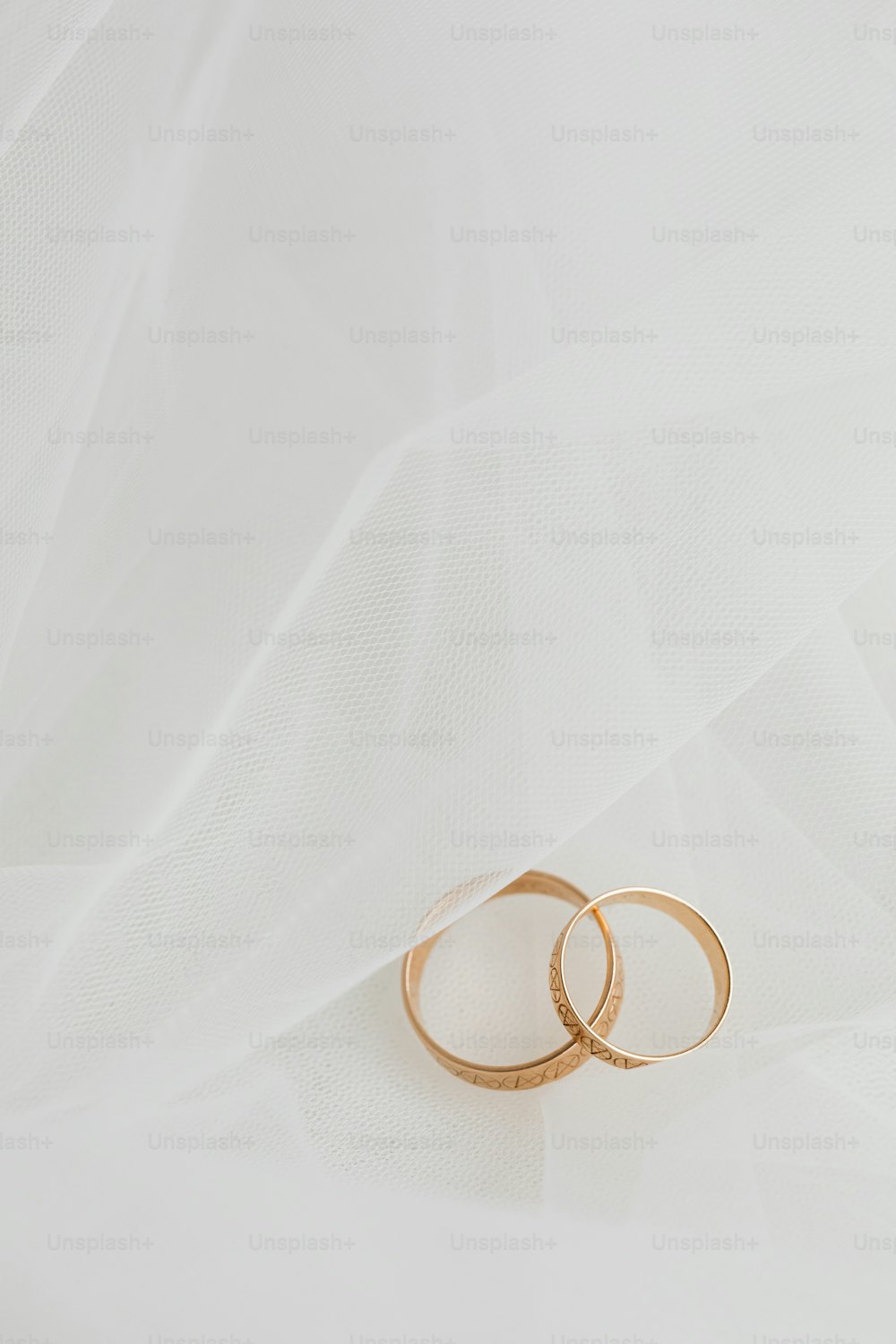 two gold wedding rings on a white background