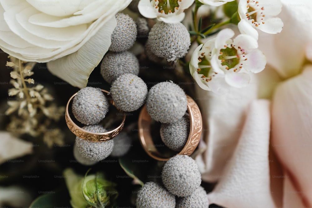 a close up of two wedding rings surrounded by flowers