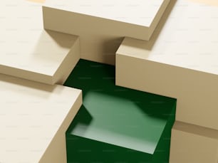 a group of white boxes sitting on top of a green floor