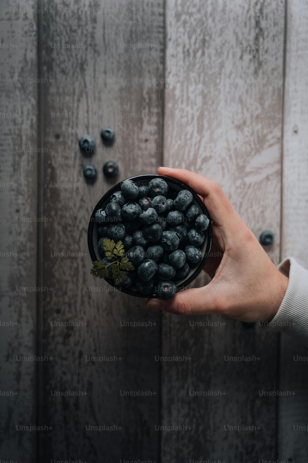 a person holding a bowl of blueberries