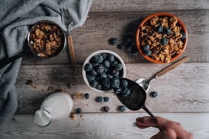 un tazón de cereal y un tazón de arándanos