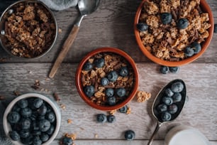 two bowls of cereal and blueberries on a table