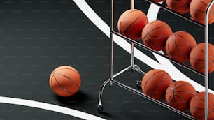 a rack with basketballs sitting on top of a basketball court