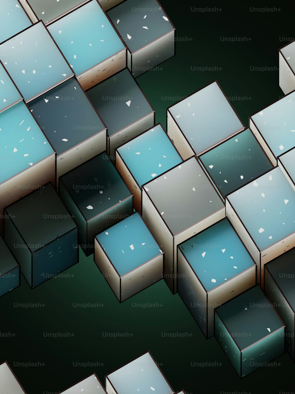 a group of blue and white cubes on a black surface