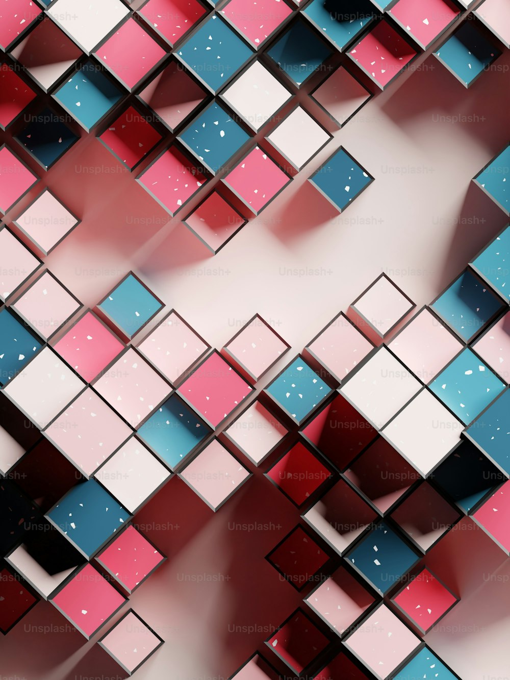 Ein abstraktes Bild aus rosa und blauen Quadraten