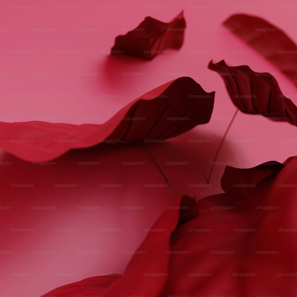 a group of red leaves floating on top of a pink surface