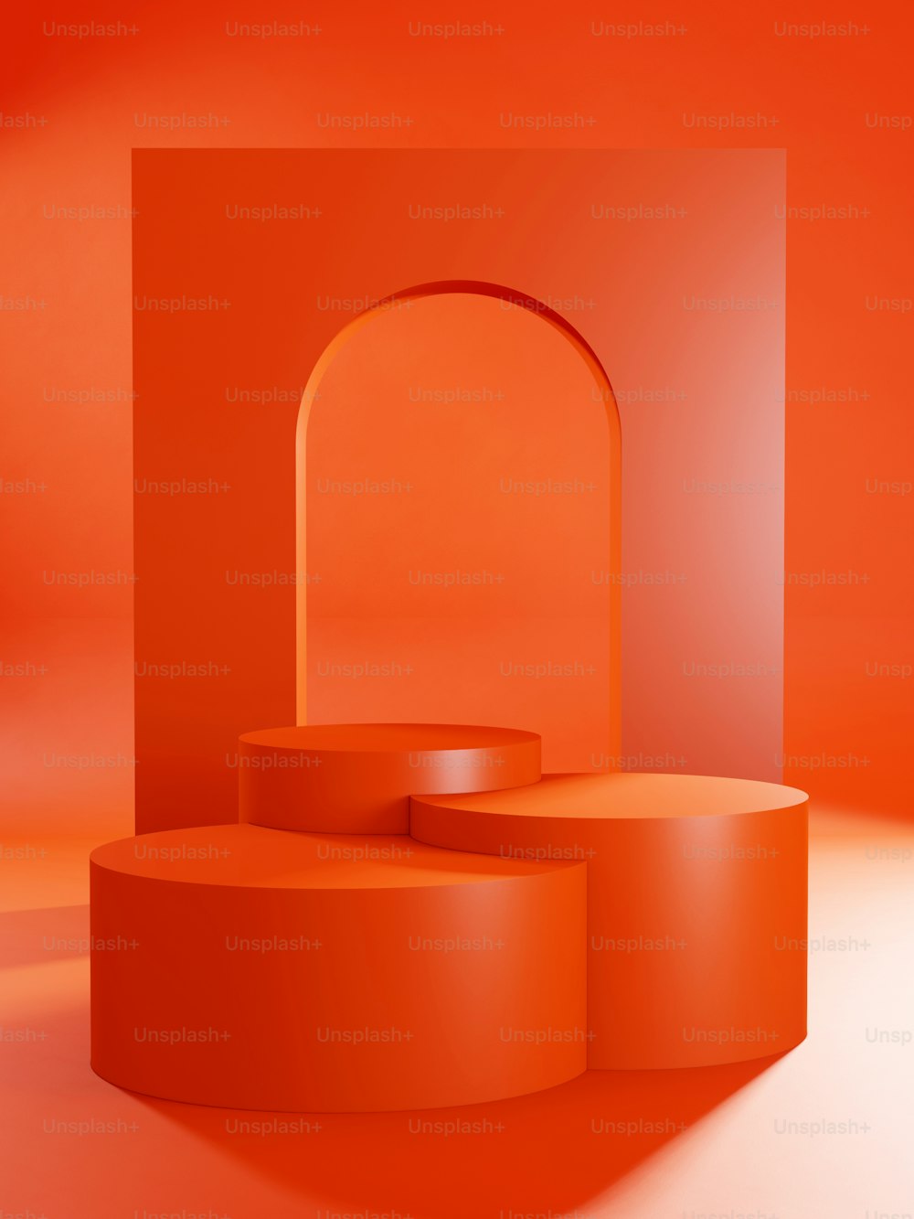 an orange room with an arch in the center