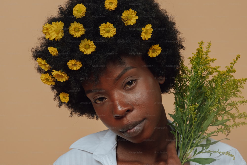 a woman with a bunch of flowers on her head