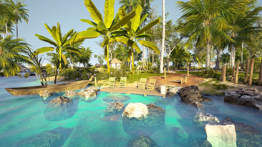 a large pool with a wooden dock surrounded by palm trees