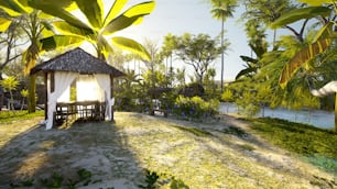 a gazebo sitting on top of a lush green hillside