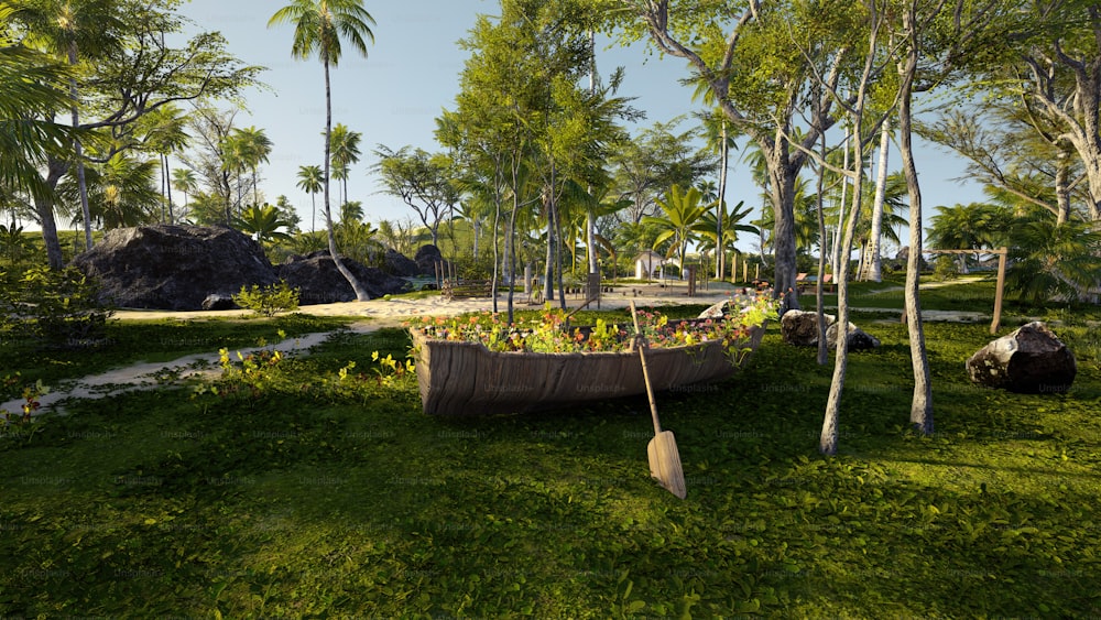 a wooden boat sitting on top of a lush green field