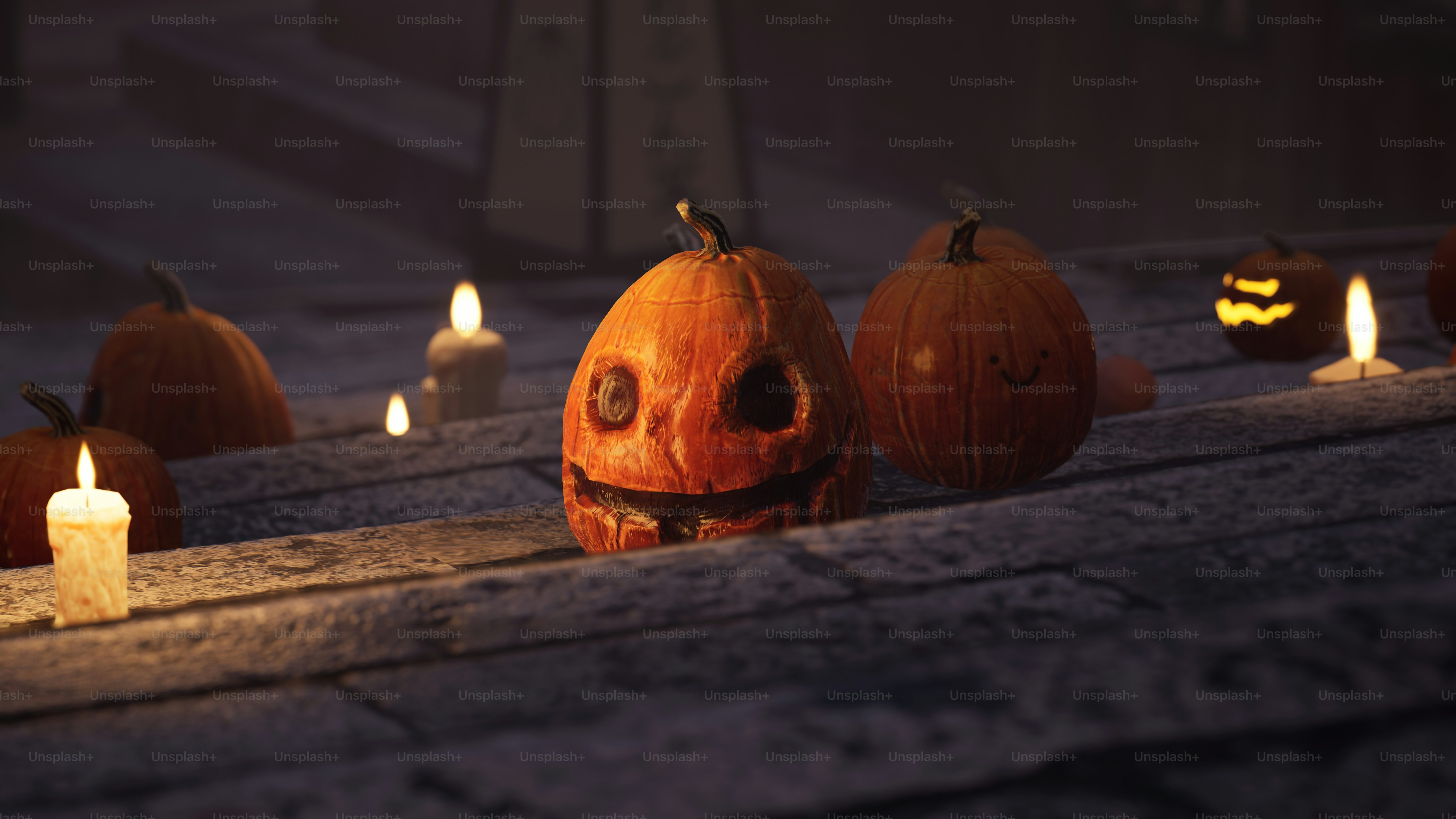 a group of carved pumpkins sitting on top of a stone floor