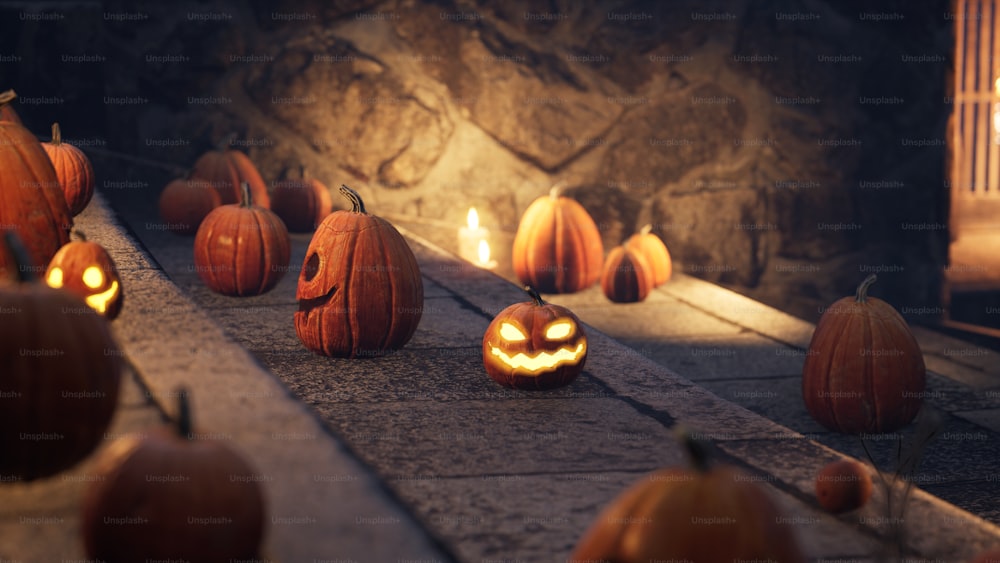 a group of carved pumpkins sitting on top of a stone floor