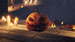 a carved pumpkin sitting on top of a brick wall