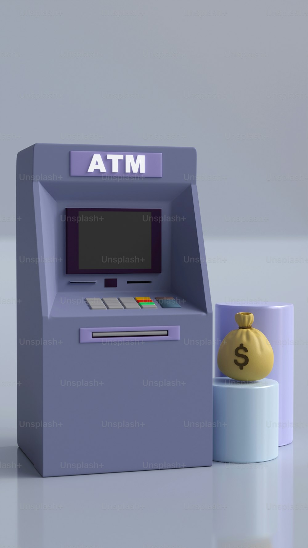Un cajero automático púrpura junto a una bolsa de dinero amarilla