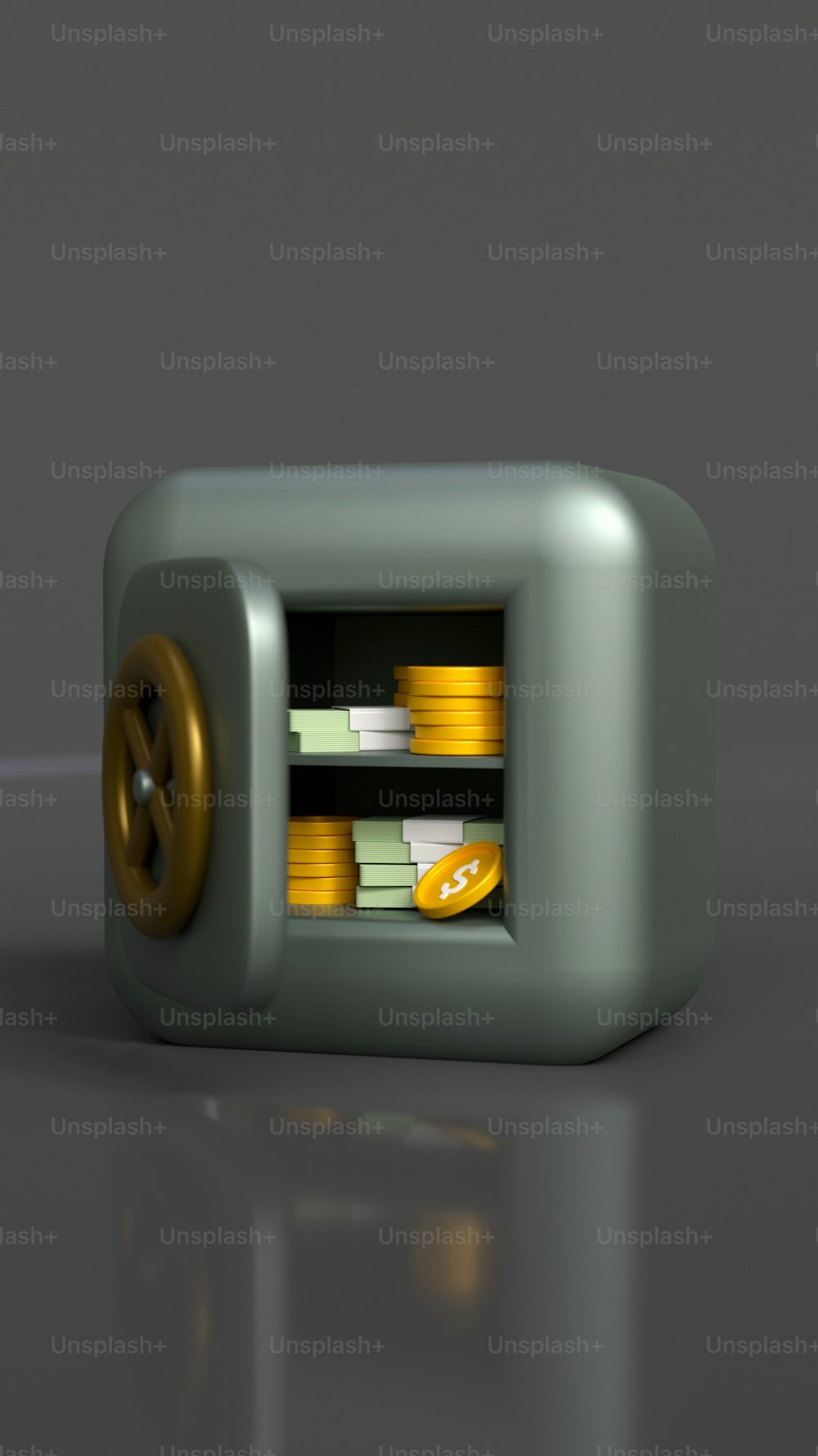 Una imagen 3D de una caja fuerte con monedas en ella