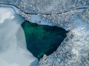 a large body of water surrounded by snow