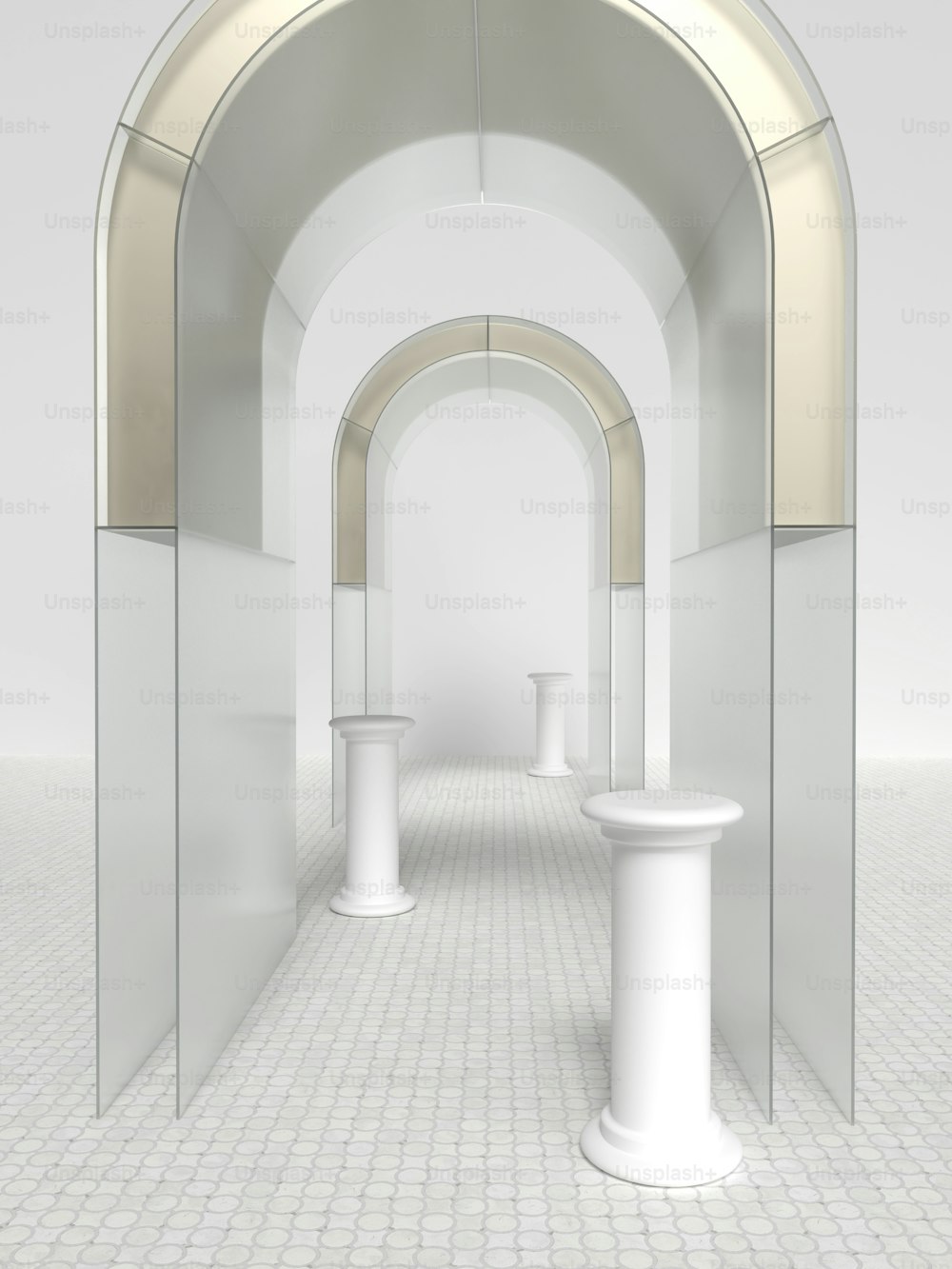 a white room with a white tiled floor and arches