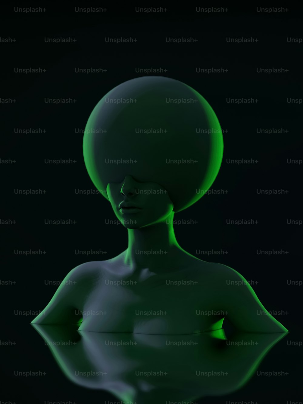 a woman with a strange head and a green light