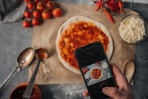 a person taking a picture of a pizza