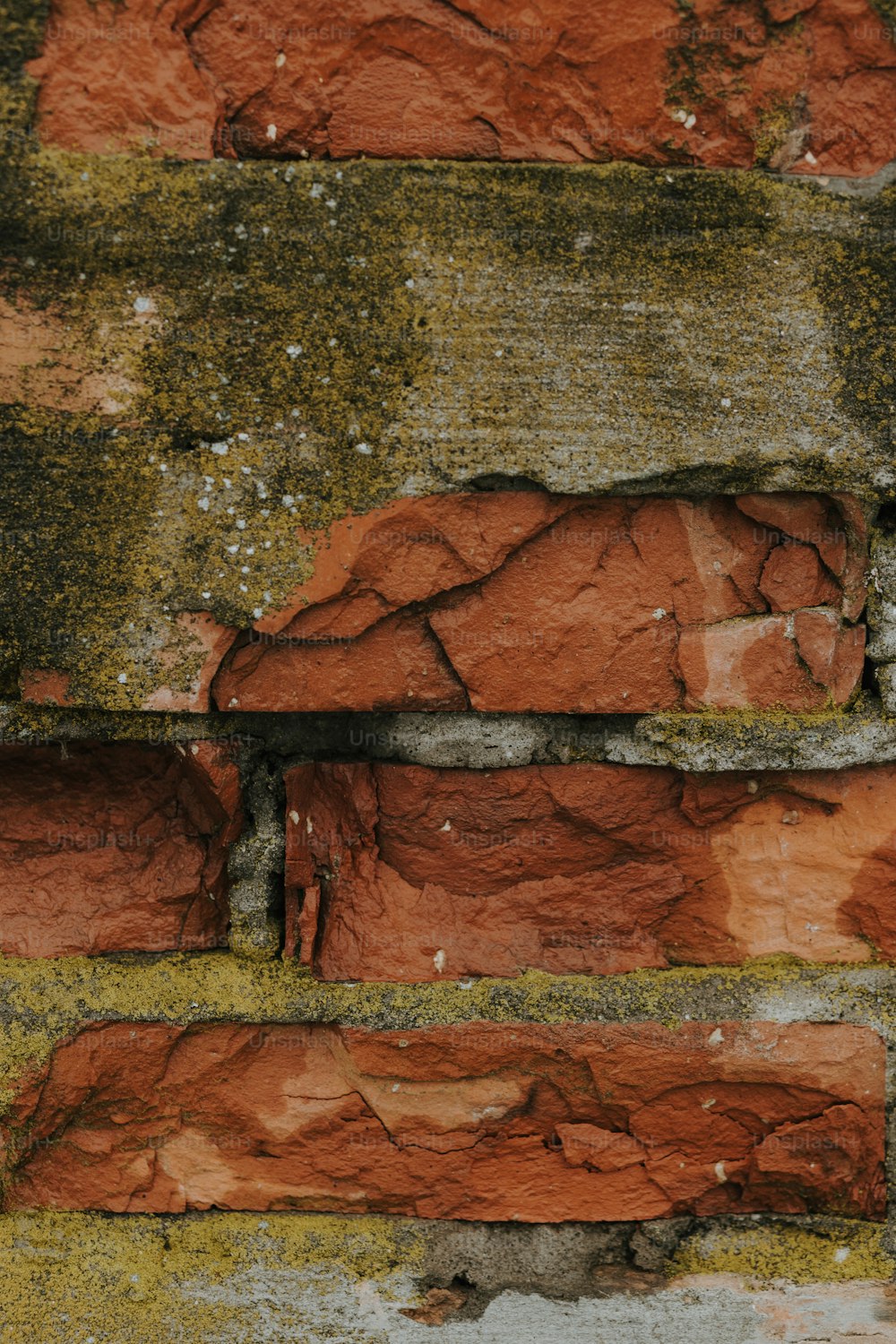 um close up de uma parede de tijolos com musgo crescendo sobre ele