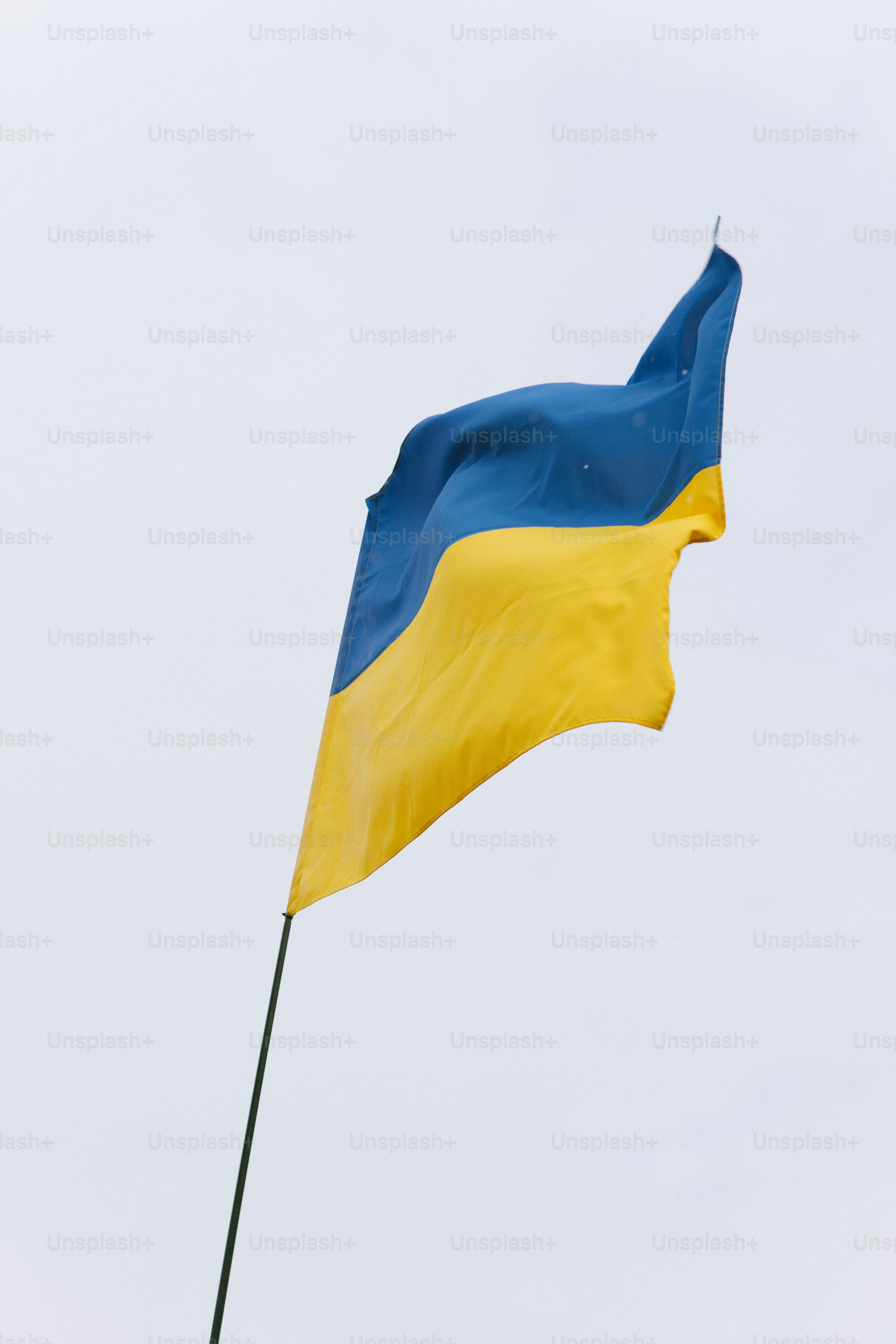 a blue and yellow flag flying in the sky
