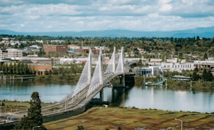a view of a bridge over a body of water