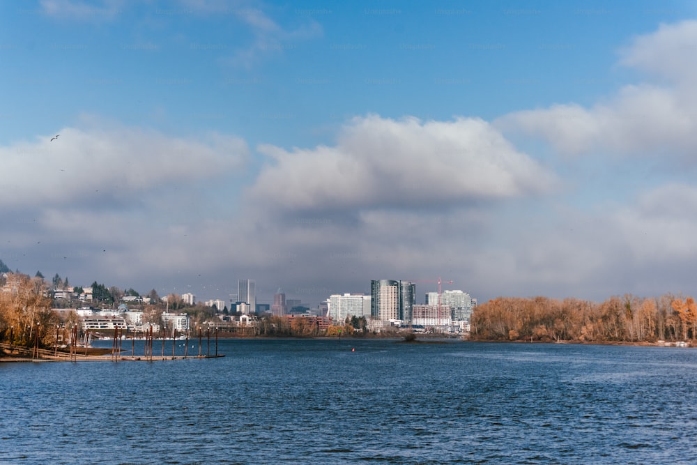 a large body of water with a city in the background