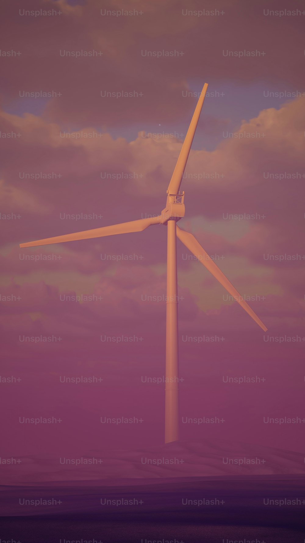 Eine Windkraftanlage mitten in einem violetten Himmel